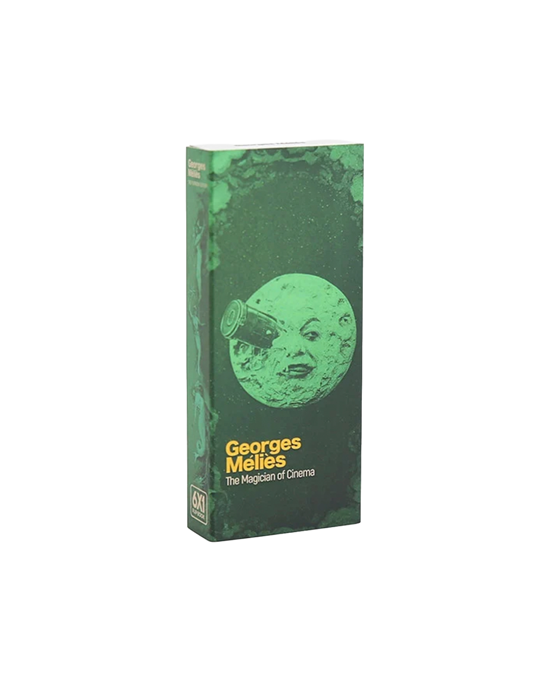 A boxed book or media package titled 'Georges Melies The Magician of Cinema' shown upright on a plain white background. The package is predominantly green with a circular moon-like illustration and yellow title text.