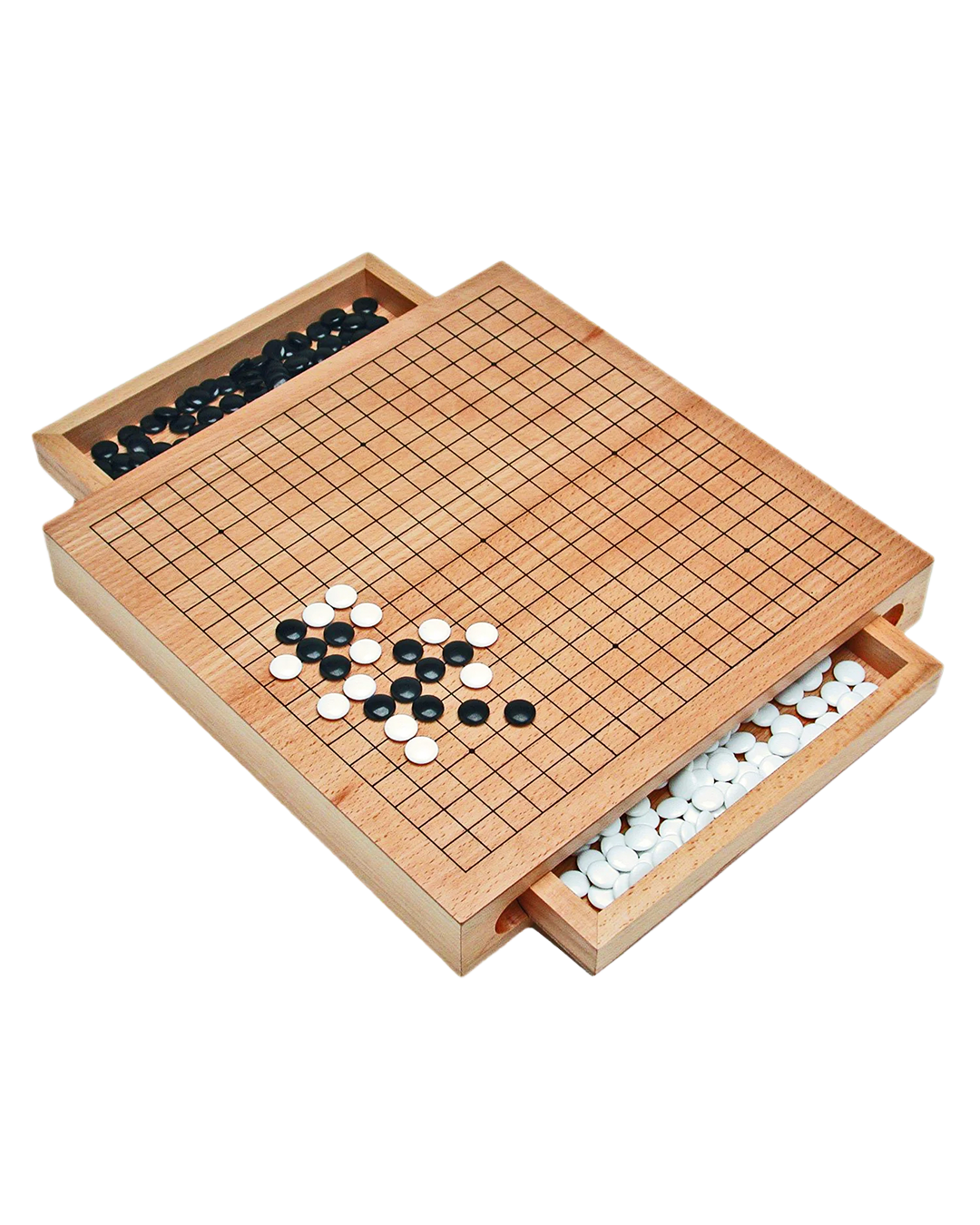 Wooden go board with black and white stones on a white background