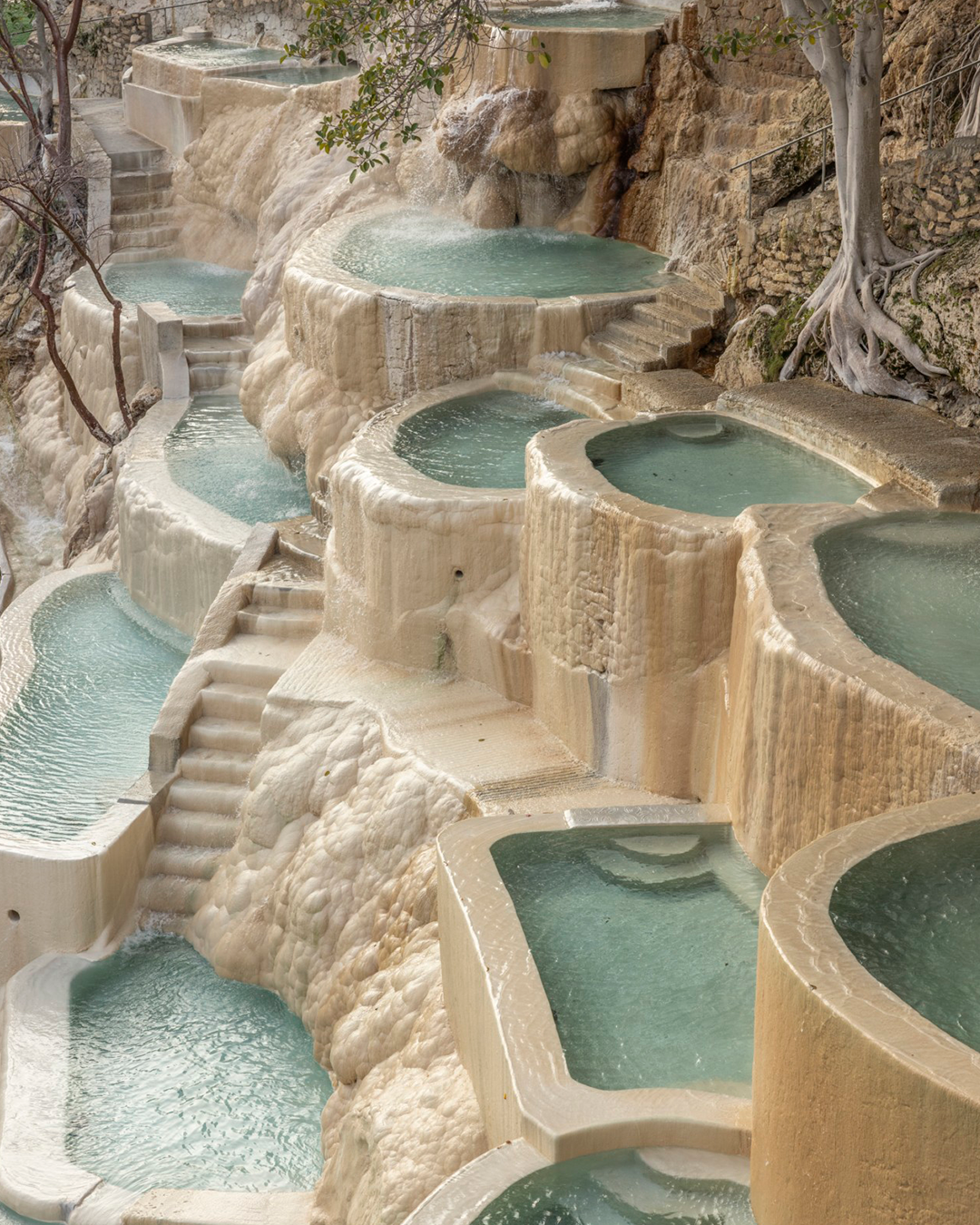Natural hot spring terraces with multiple circular and rectangular pools of pale blue-green water, surrounded by cream-colored mineral rock and small trees along the upper right.