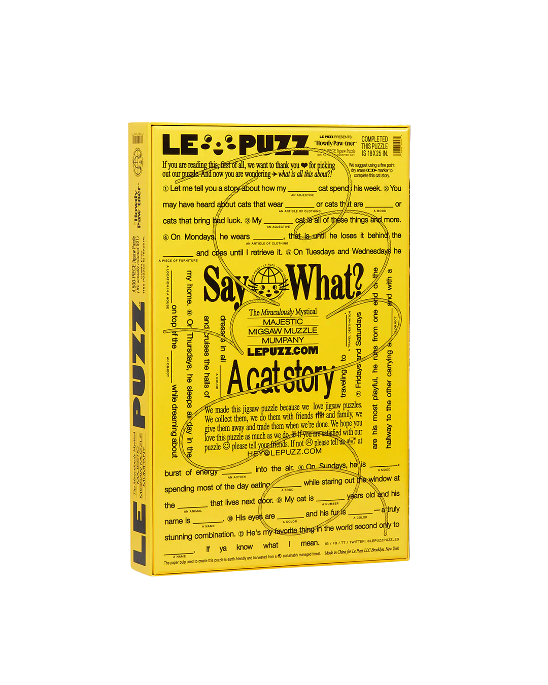 Yellow puzzle box with text and graphics on a white background
