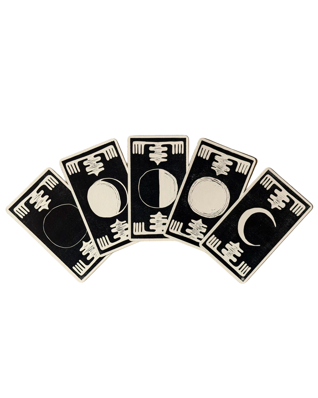 Set of five black and white moon phase cards on a white background