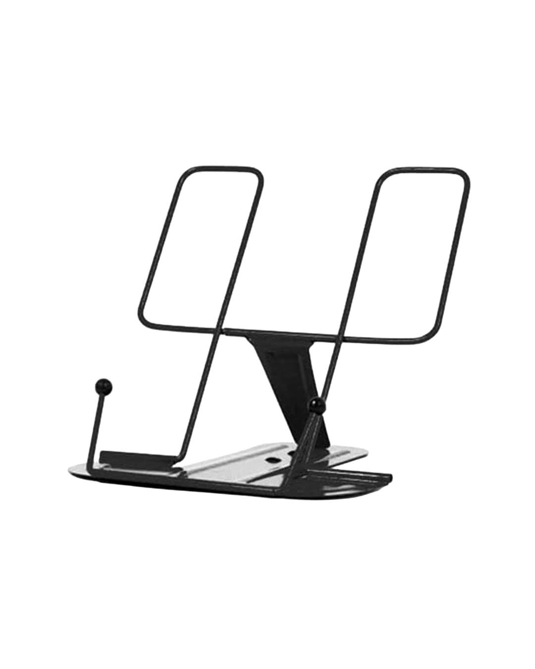 A black metal stand with two upright rectangular loops and a flat base, shown on a plain white background.
