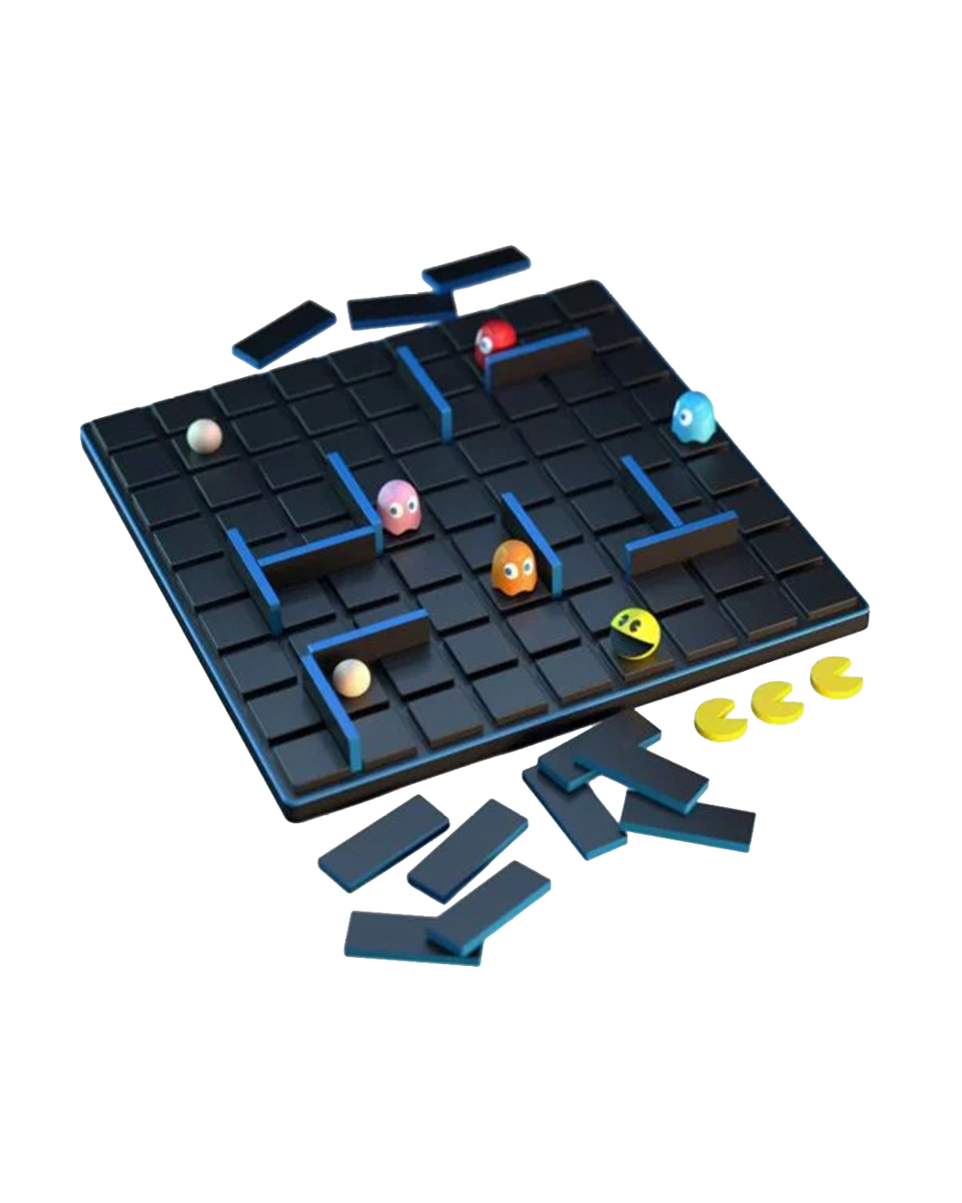 Board game with maze design and colorful pieces on a white background