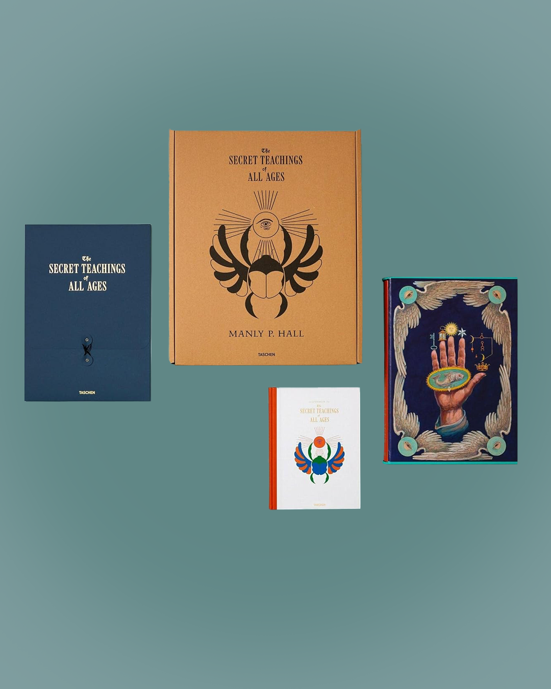 Four books with distinct covers on a solid background