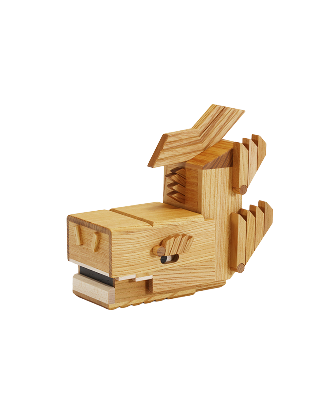 a wooden puzzle box with the shape of a fish