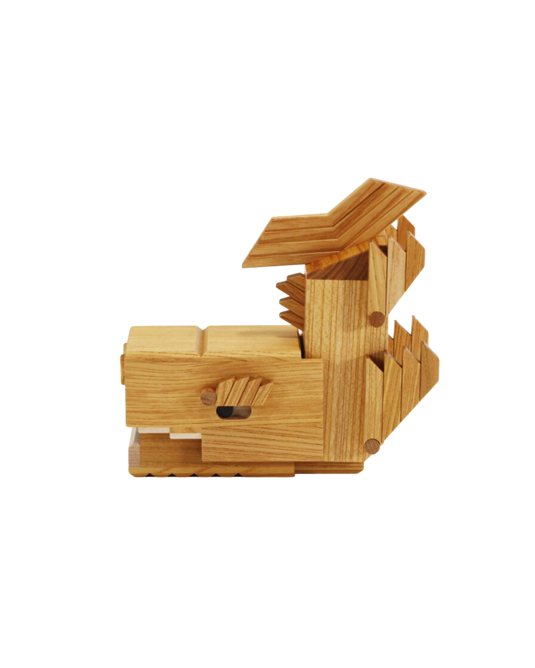 a wooden puzzle box with the sape of the legend of Shachihoko 
