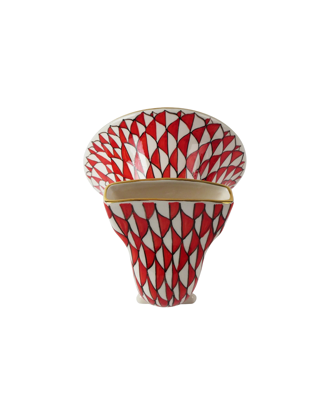 A ceramic planter with a lid, featuring a red and white geometric leaf pattern outlined in black, with a gold rim and base, shown against a plain white background.