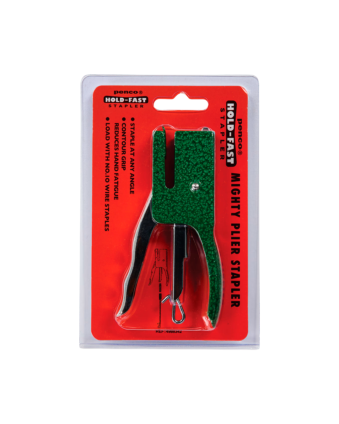 A retail-packaged hole-and-fast mighty piler stapler by Rhino. The stapler features a textured green handle and black metal arms, mounted on a bright red cardboard backing card with white and black text.