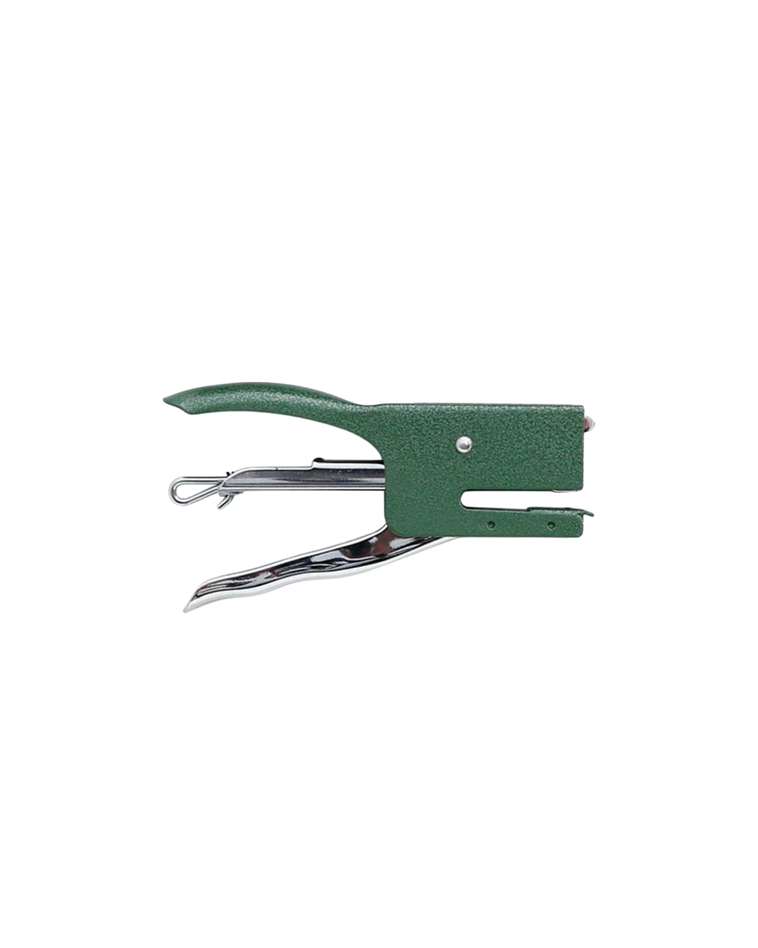 A green metal nailer tool with silver metal jaws, shown from a side profile on a solid white background.