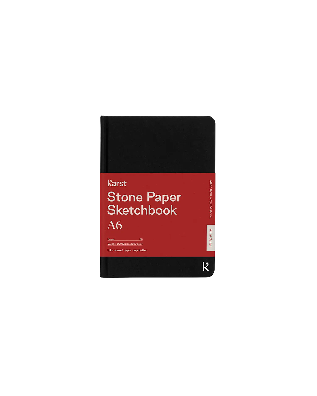 A hardcover sketchbook by Karst Stone Paper Sketchbook A6, featuring a black cover with a prominent red front label, shown on a plain white background.