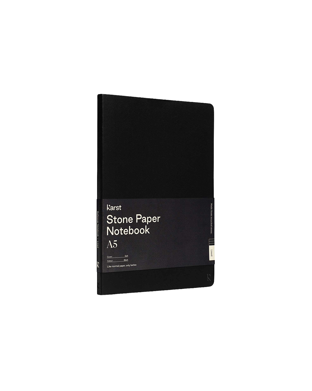 A black A5 Stone Paper Notebook by Harst, shown standing upright on a clean white background.