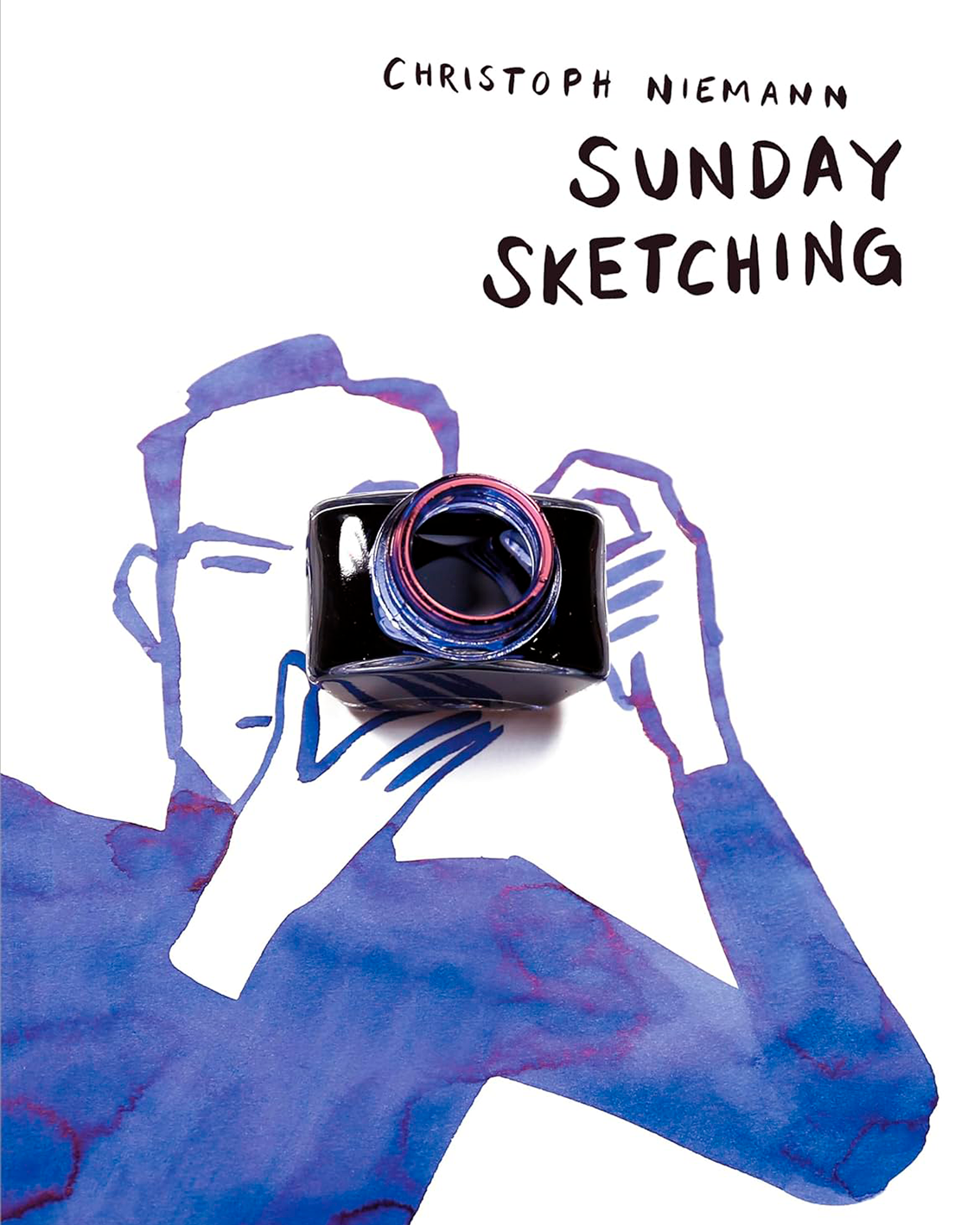 Book cover of 'Sunday Sketching' by Christoph Niemann with a stylized illustration of a person holding an inkwell.