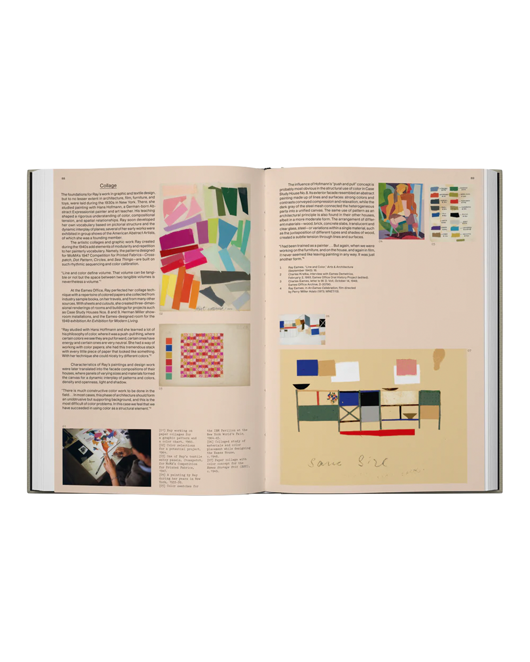 An open book spread showing pages filled with text, small color swatches, artwork samples, and a collage-style illustration on a light beige background.