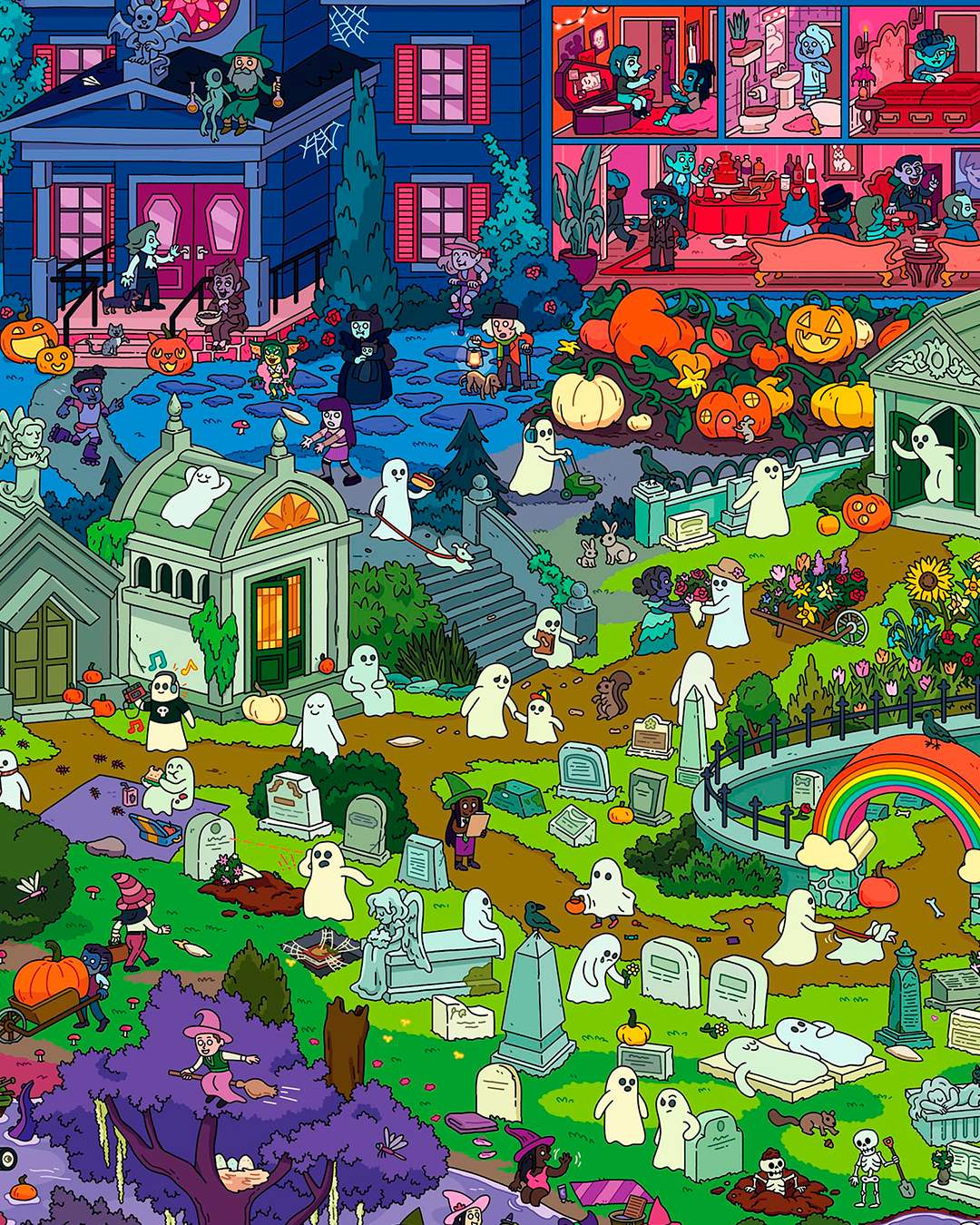 a colorful image of a puzzle about halloween, ghosts and other creatures. 