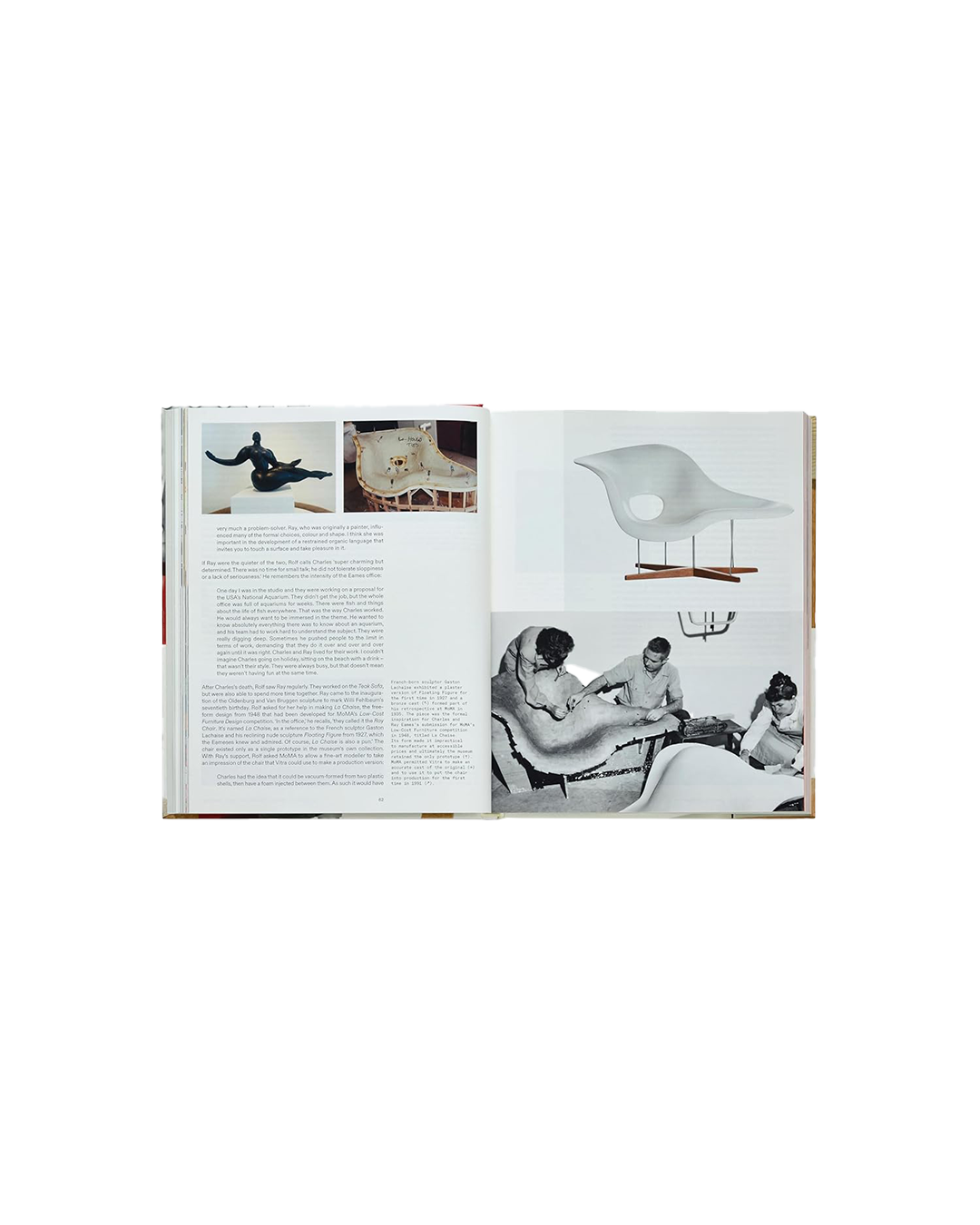 Open book showing black and white photos of people in a room with a chair.