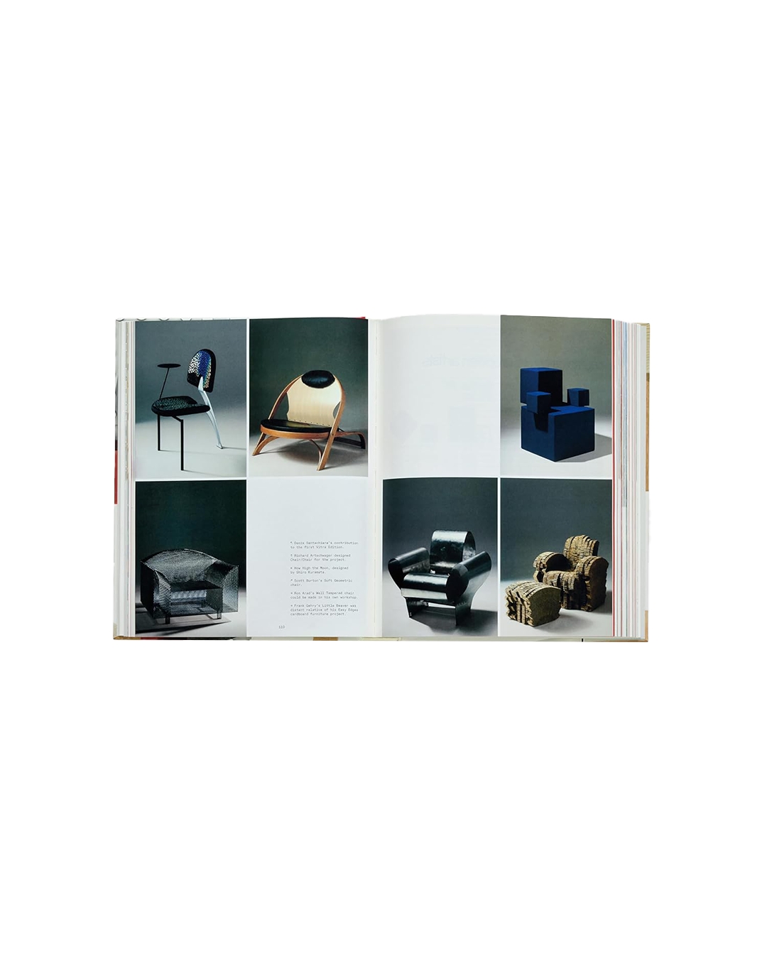 Open book displaying images of modern furniture designs on a white background