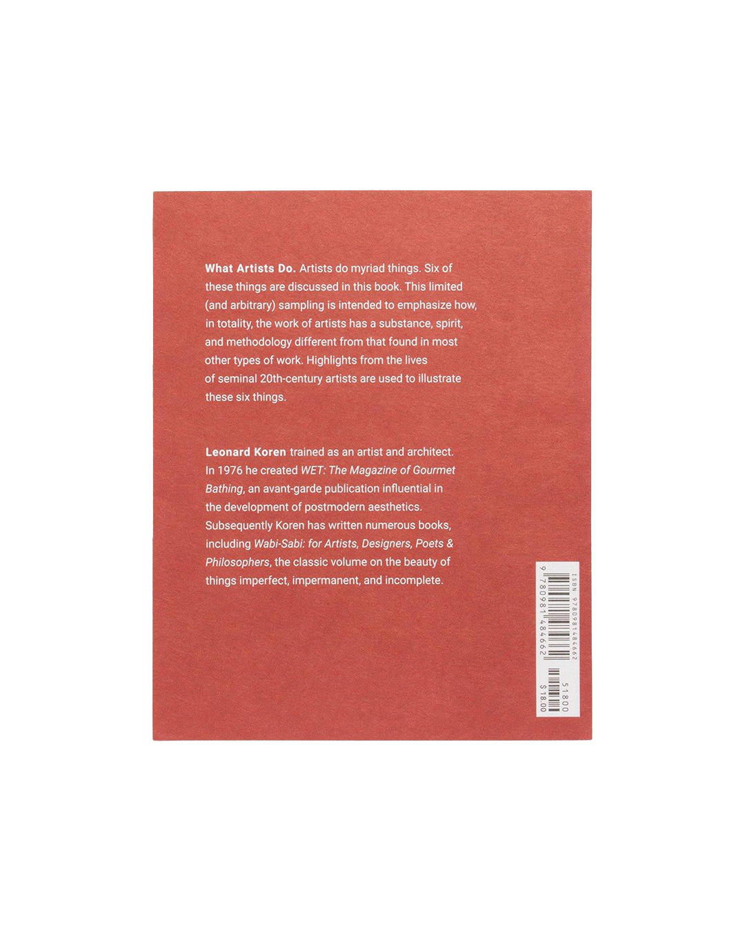 Back cover of a book with text and a barcode on a red background