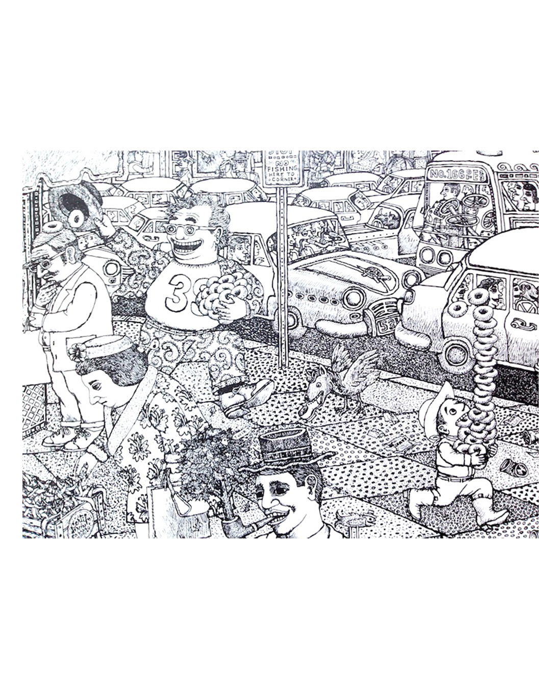 A black and white hand-drawn cartoon illustration depicting a busy, surreal street scene with vintage cars, people, animals, and abstract details.