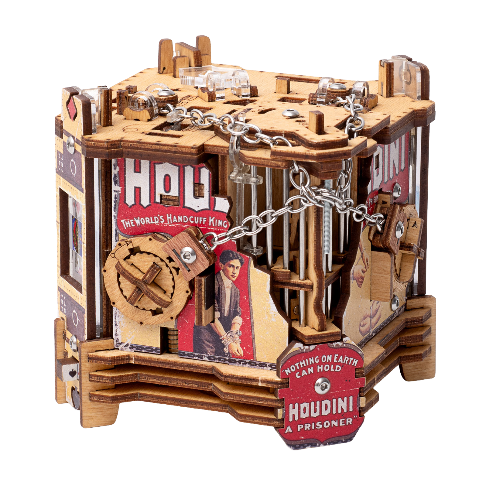 A wooden 3D puzzle model of 'Houdini: The World's Hand-cuff King' featuring a detailed prison cell structure with silver chains, a wooden cross key, and vintage-style red and white signs, isolated on a white background.