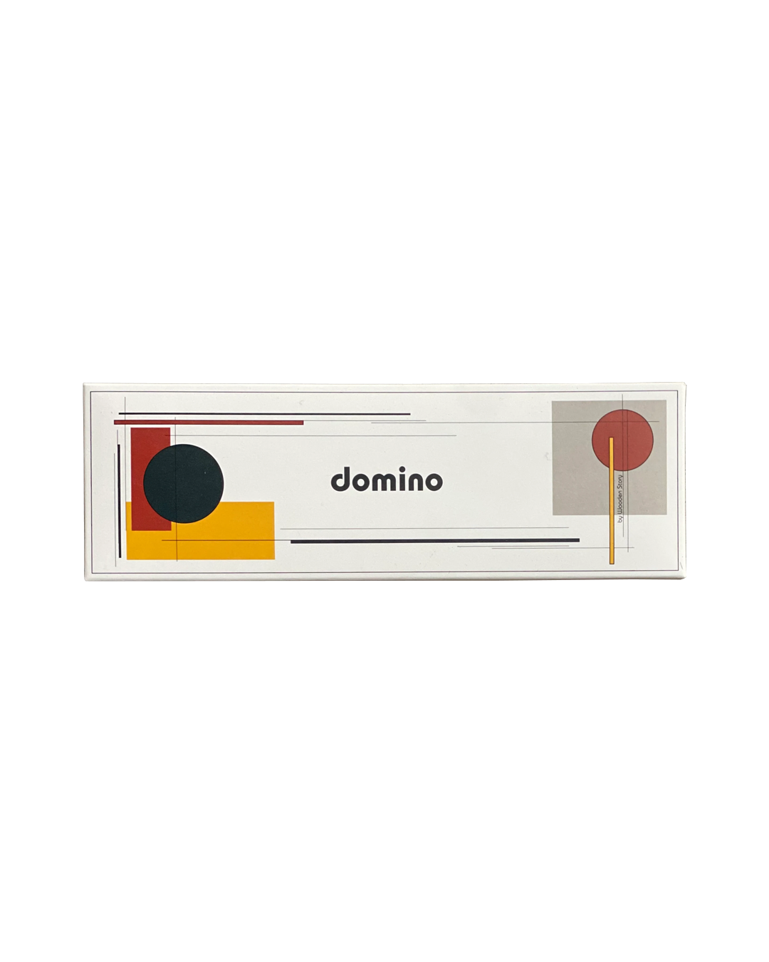 A rectangular white box featuring a minimalist mid-century modern geometric design with the word 'domino' in black lowercase text at the center, surrounded by abstract shapes in red, yellow, black, and gray.