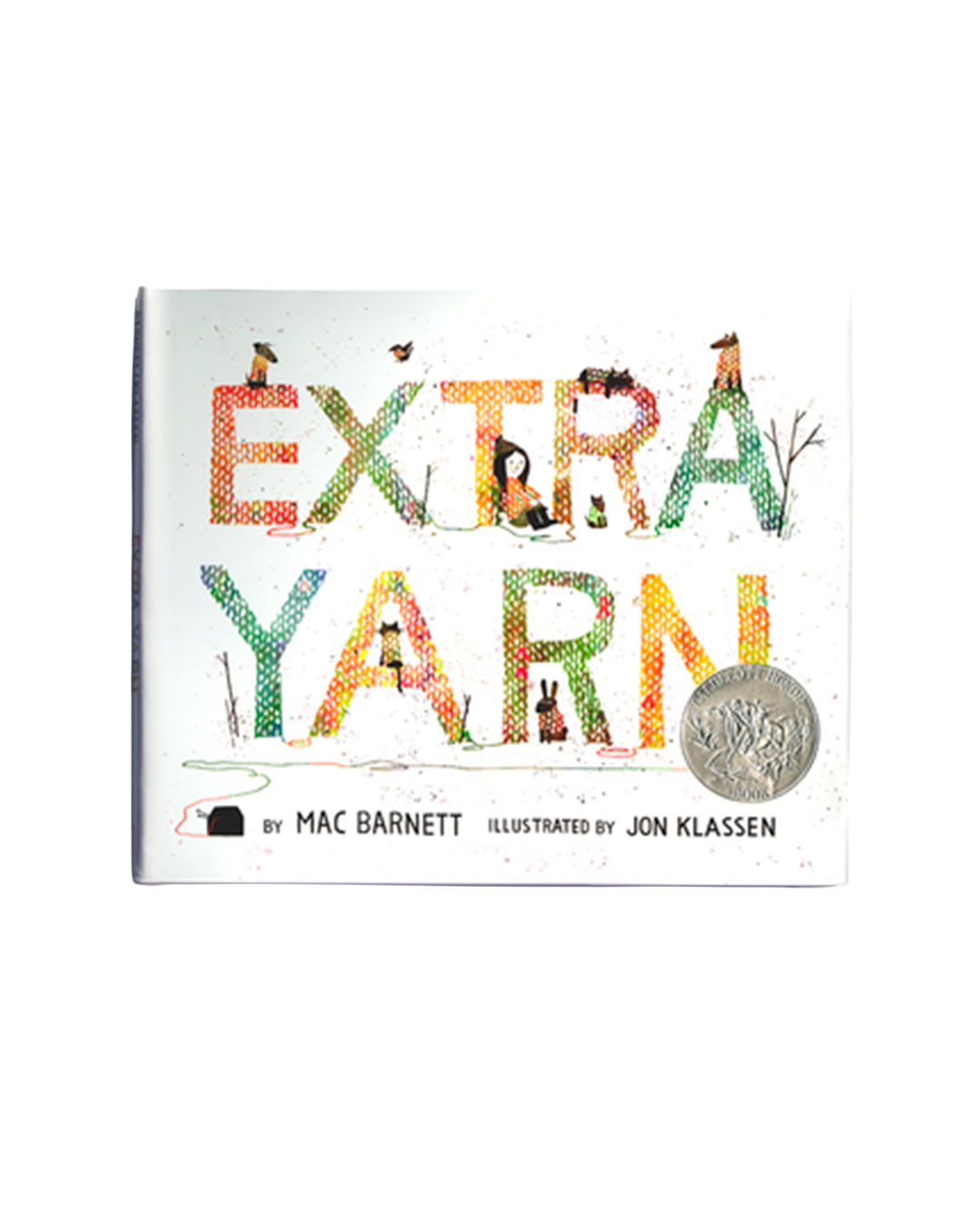 The front cover of the children's book 'Extra Yarn' by Mac Barnett, illustrated by Jon Klassen. The white cover features the title in large, colorful letters filled with illustrations of yarn characters, animals, and patterns.