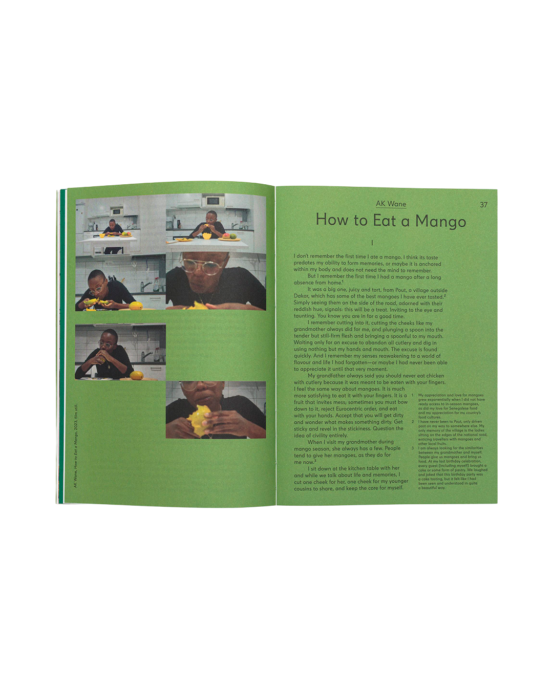An open magazine or book spread on a white background, featuring a green page with the title 'How to Eat a Mango' and several small photos of a person eating a mango.