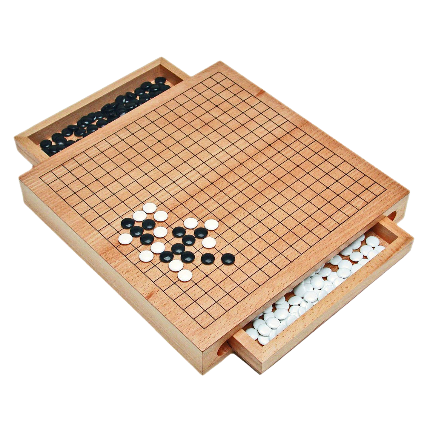 Wooden Go board with black and white stones on a white background