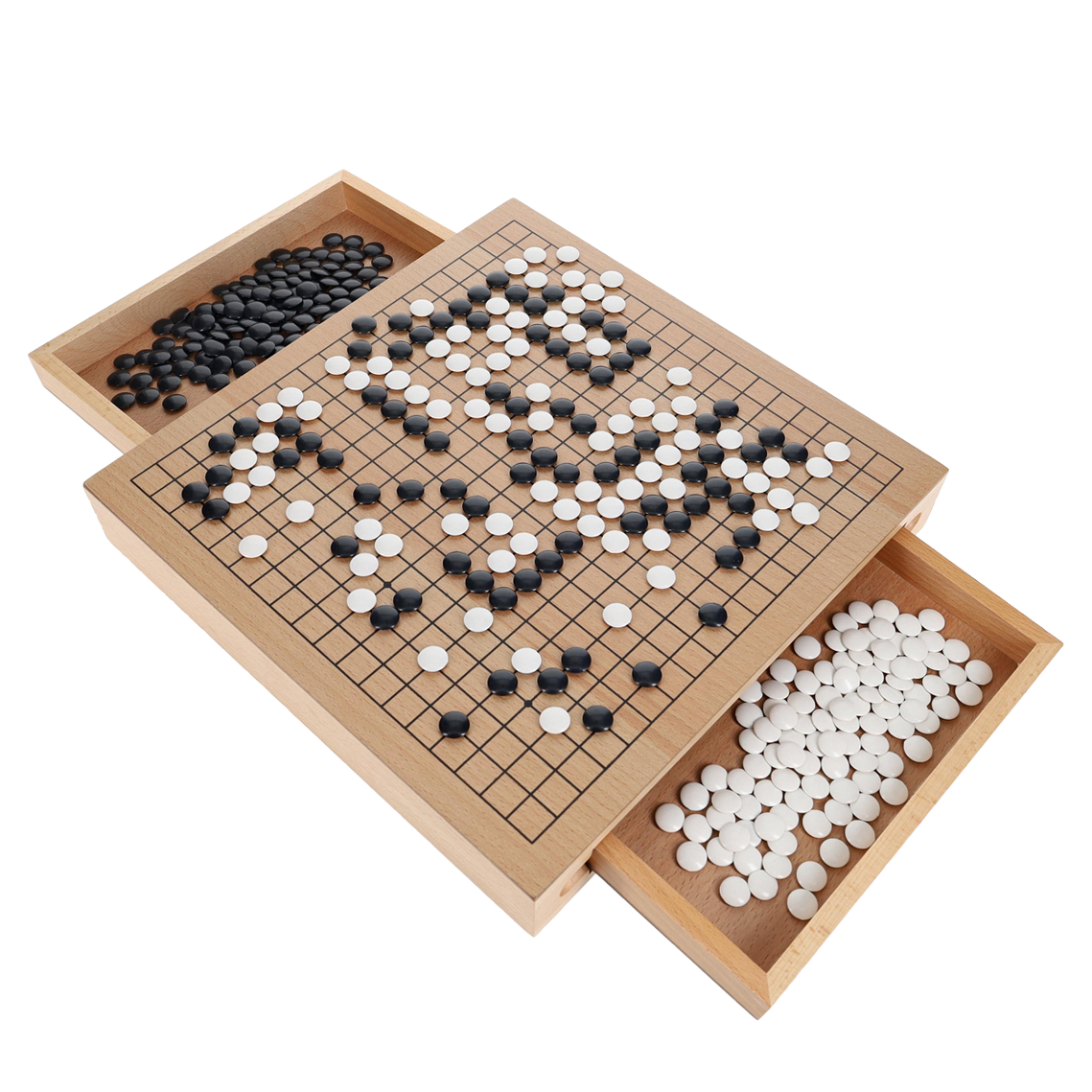 Go game set with wooden board and compartments for black and white stones on a light gray background
