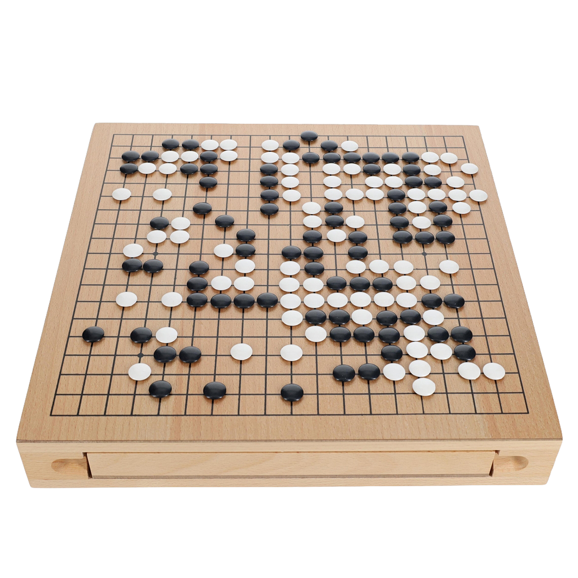 Go game set with wooden board and compartments for black and white stones on a light gray background