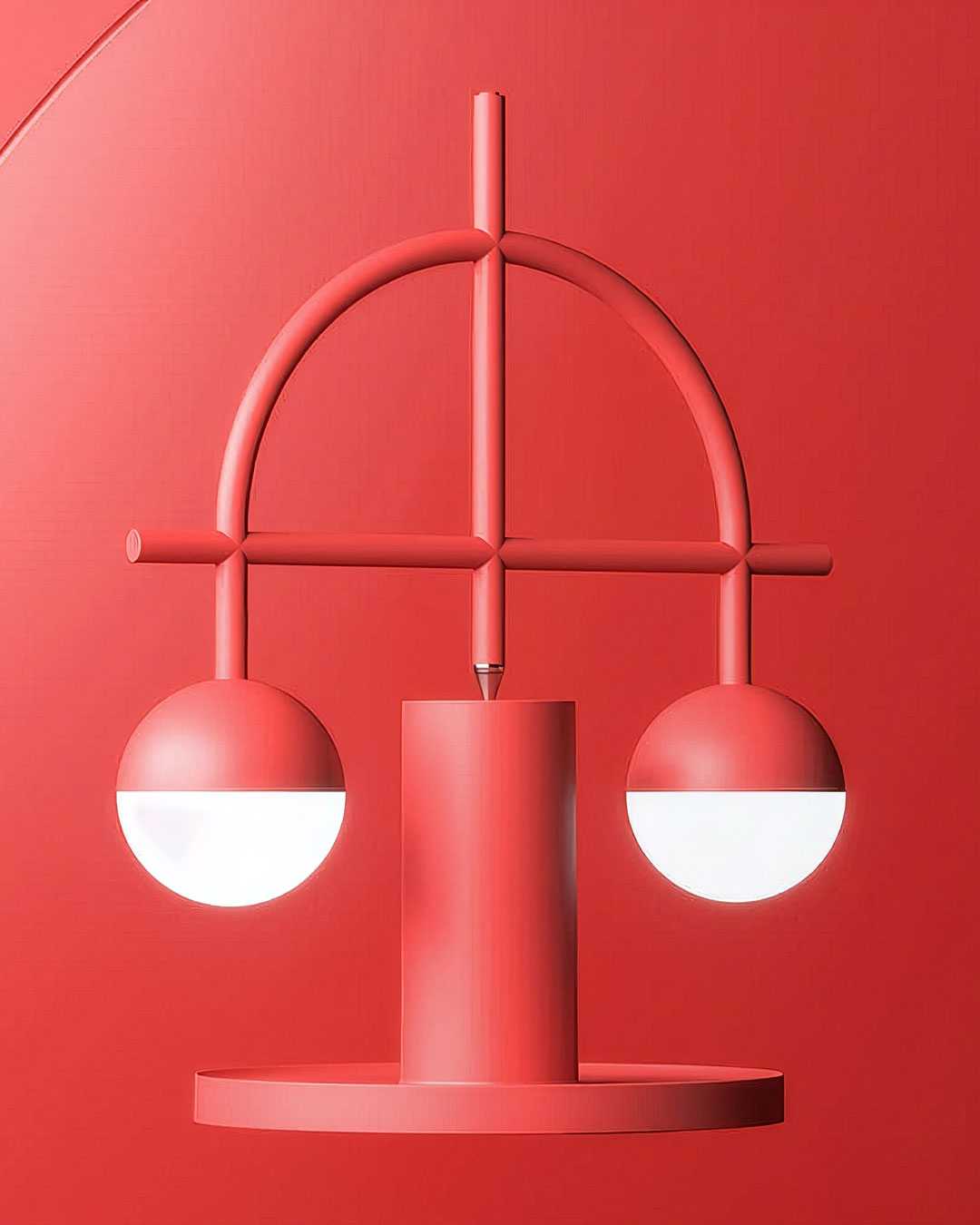 A minimalist red metal wall lamp with two spherical shades, one half red and one half white, suspended from a curved top frame on a solid red background.