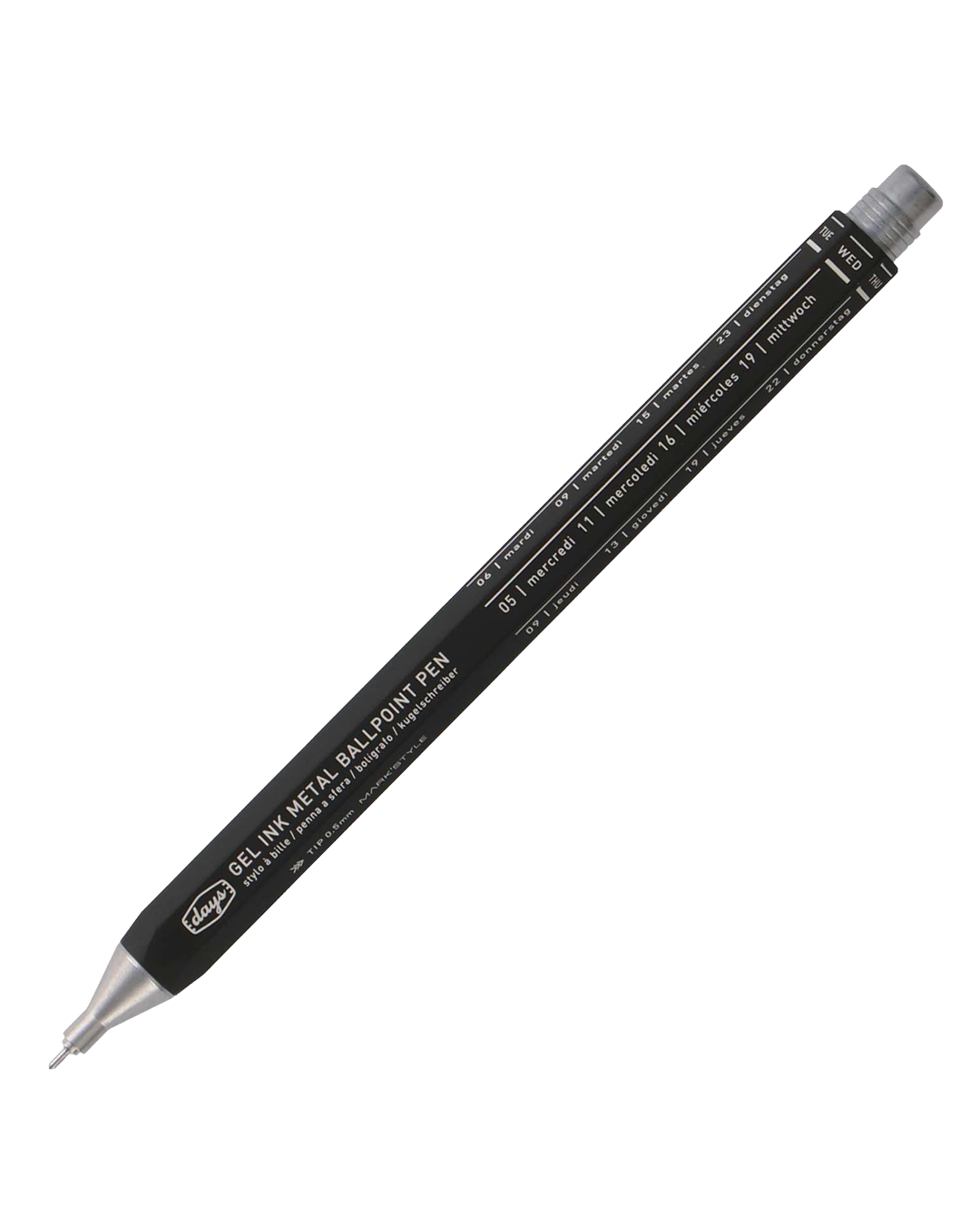 A black gel pen with a silver metal ballpoint tip and a gray cap, shown diagonally on a plain white background. The barrel features white printed text and a logo for 'days'.
