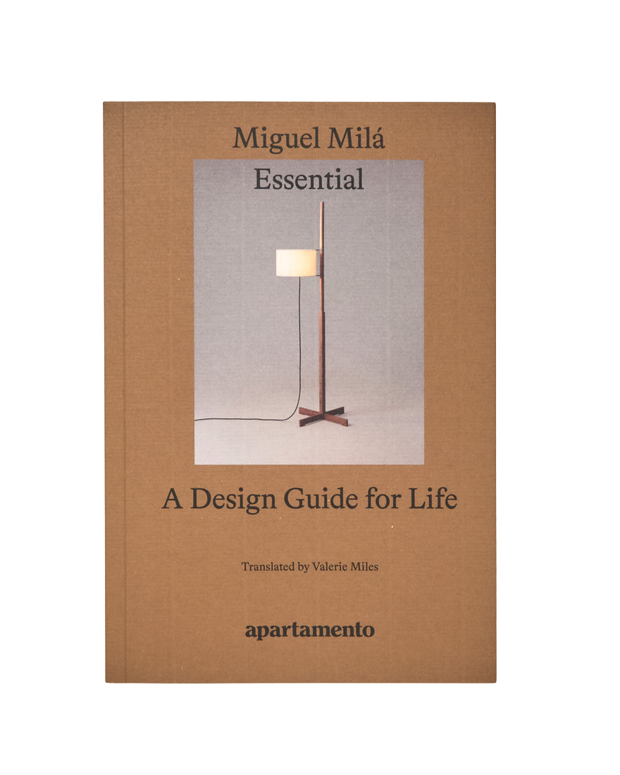Book cover of 'Essential: A Design Guide for Life' by Miguel Miló with a lamp illustration on a brown background.