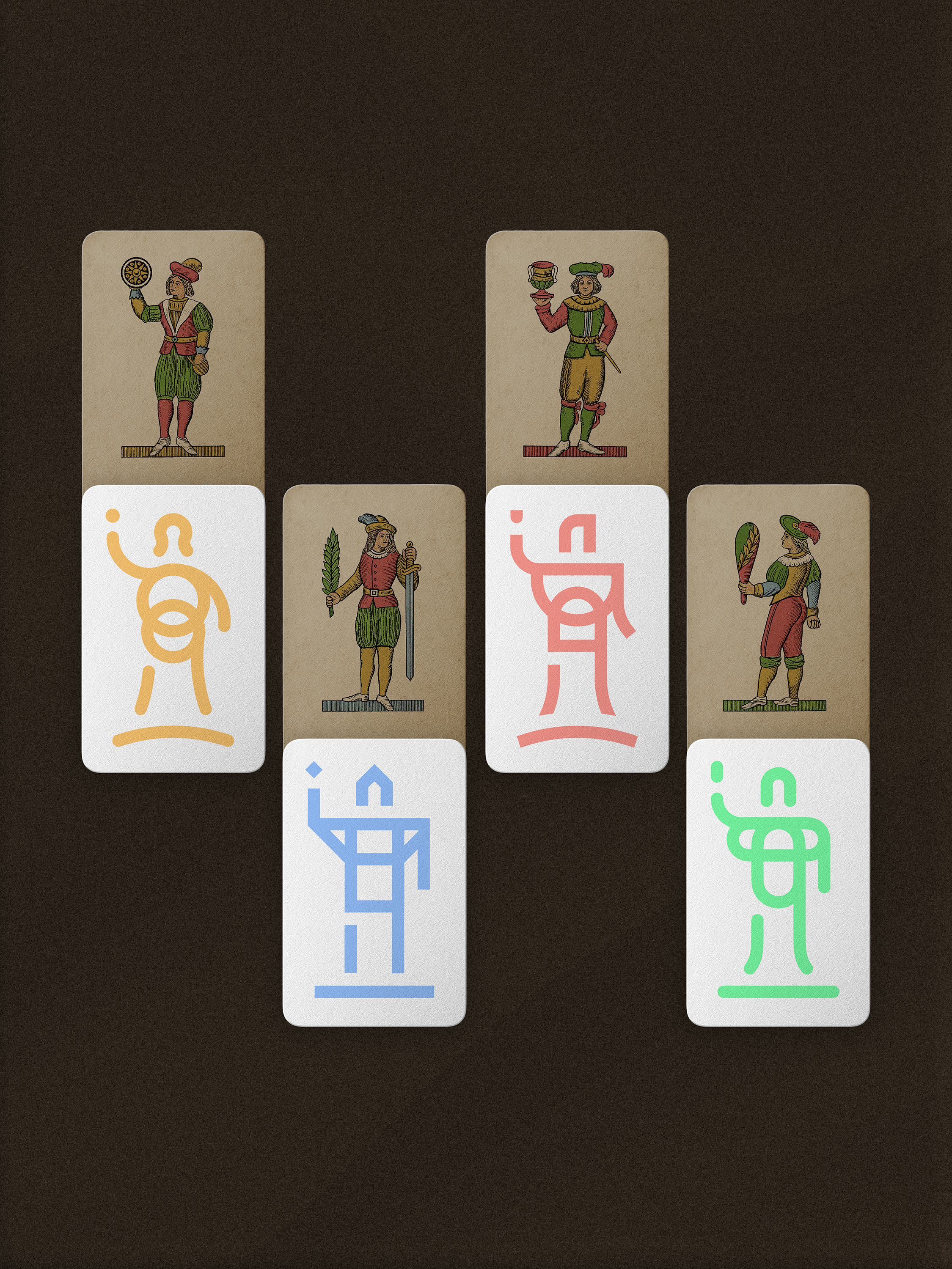 Set of cards with illustrated characters and symbols on a dark background