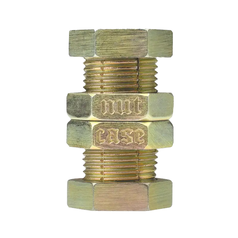 A small brass doubled-ended bolt with two nuts in the middle.