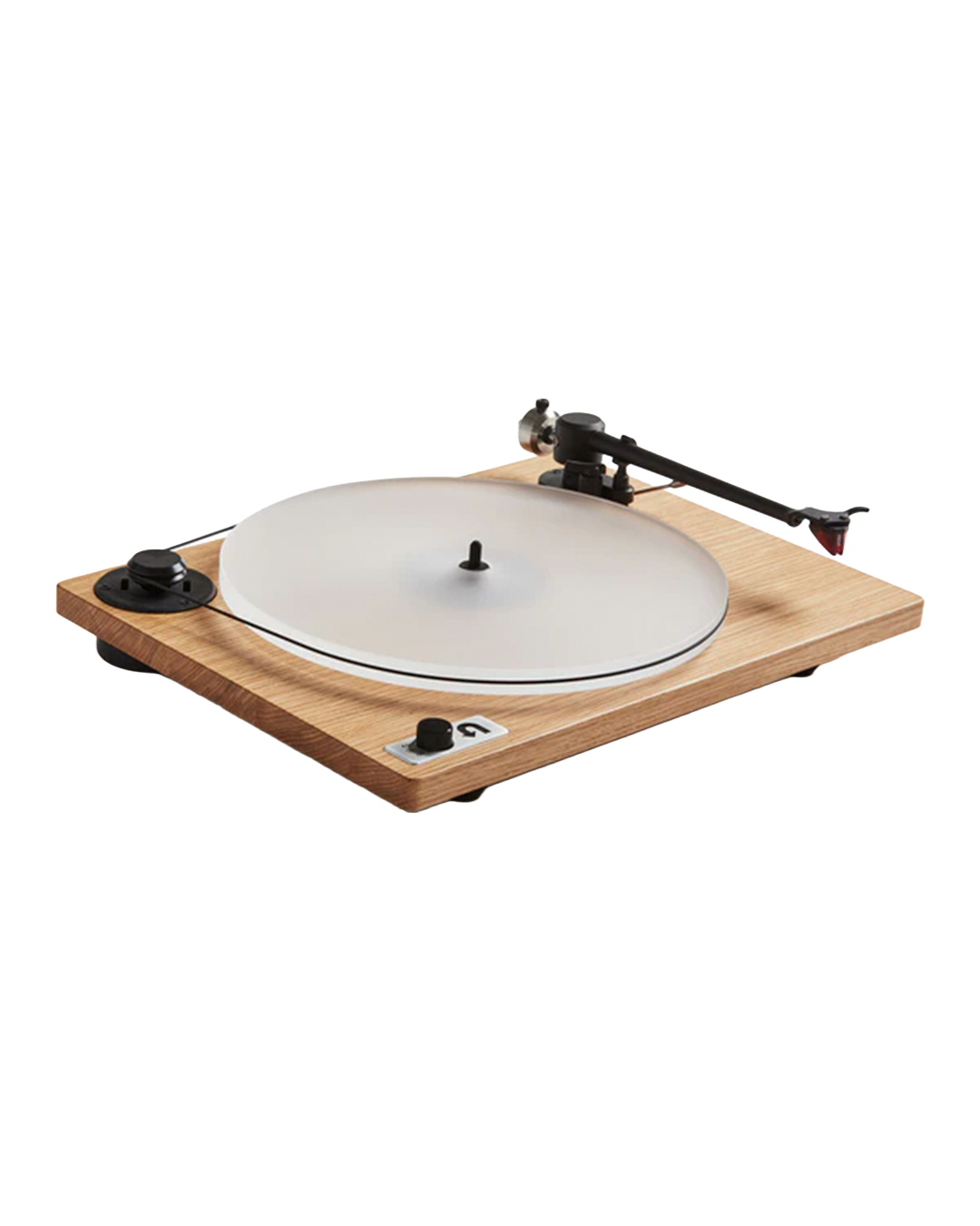 A modern turntable with a light natural wood base, a clear acrylic plinth, and a black tonearm, shown from a three-quarters angle on a white background.
