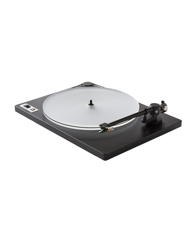 A sleek black turntable with a translucent plinth and a black tonearm, shown from a high-angle perspective on a solid white background.