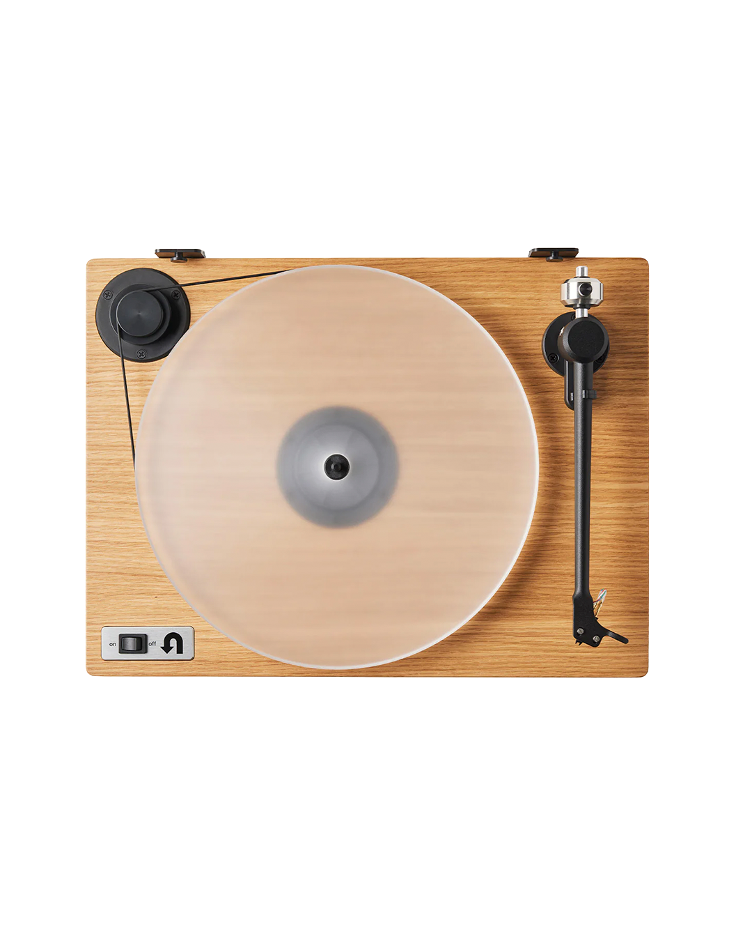 A top-down view of a turntable with a light natural wood grain body, a translucent platter, and black components including the tonearm and deck controls, isolated on a white background.