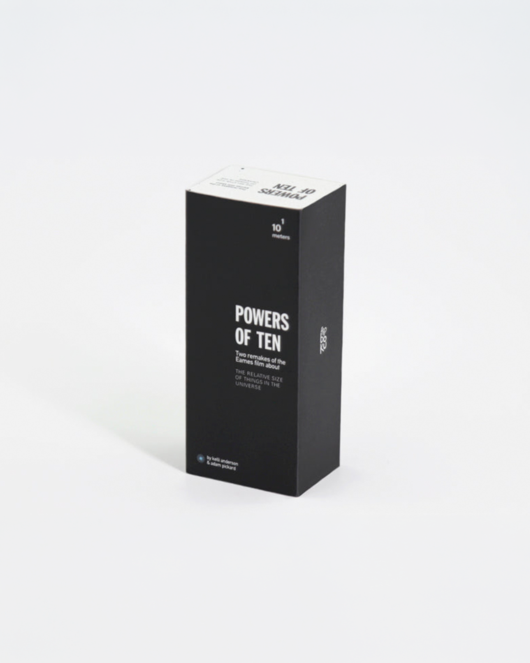 A tall black product box with bold white text reading 'POWERS OF TEN' and smaller text above, photographed on a clean white studio background.
