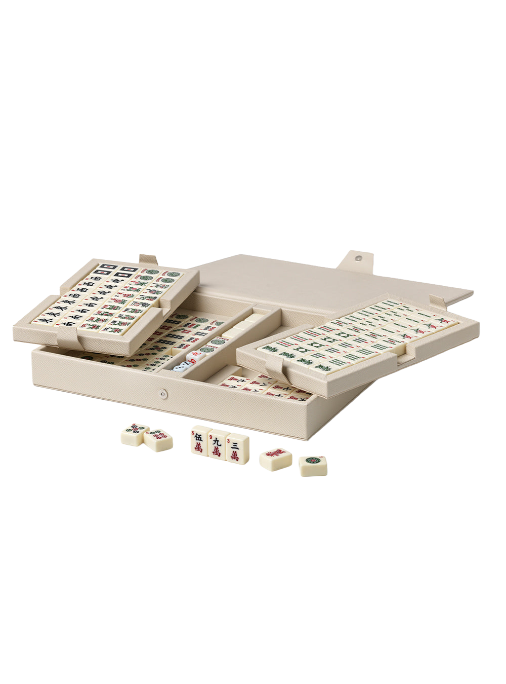 An open Mahjong set in a cream-colored plastic case, with several tiles displayed outside the case on a plain white background.