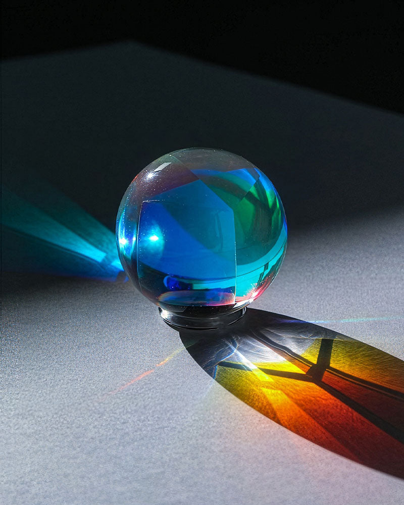 A faceted glass light-bent sphere on a dark surface, showing blue, green, and red light refraction with a colorful shadow cast on a gray background.