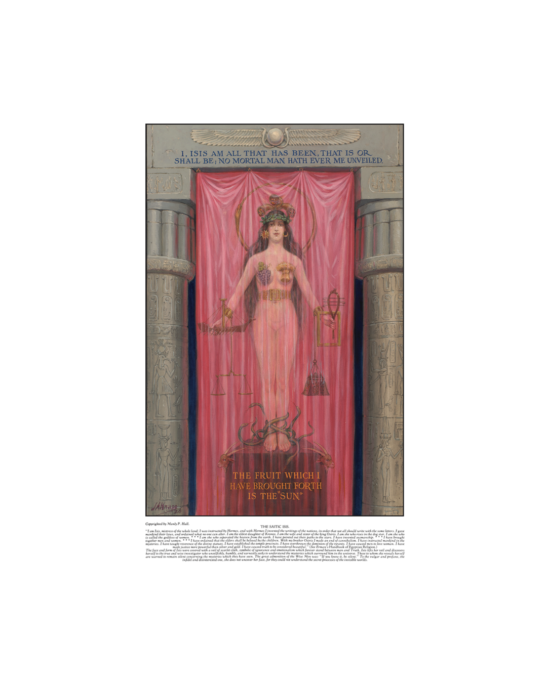 Masonic-themed poster with a central figure draped in pink fabric between columns.