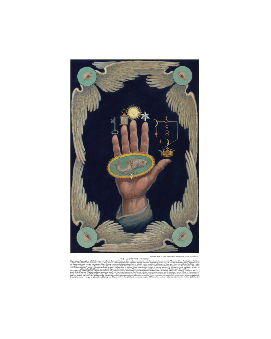 Decorative print with a hand holding a key, star, and other symbols against a dark background.