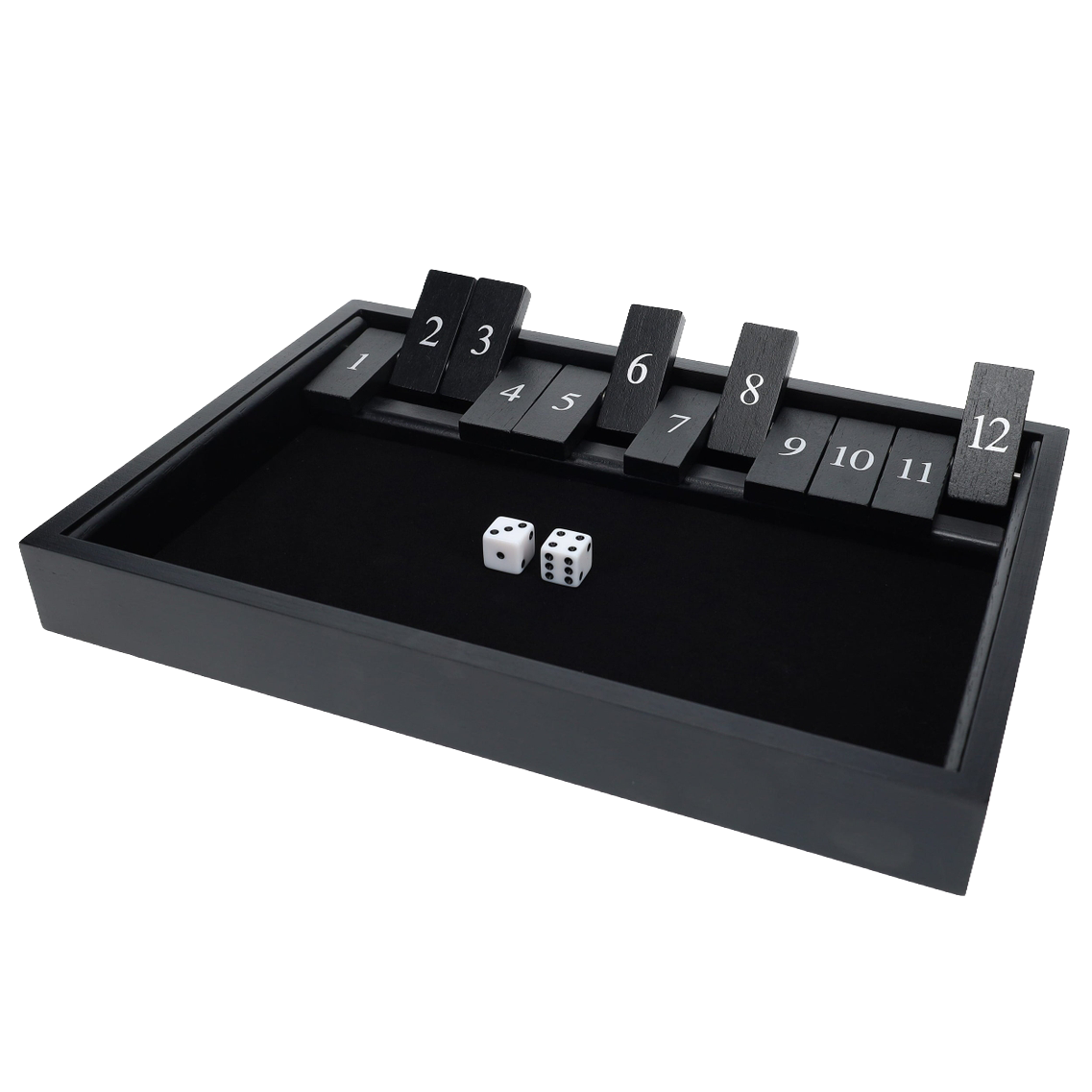 Black dice tray with numbered sections and two dice on a white background