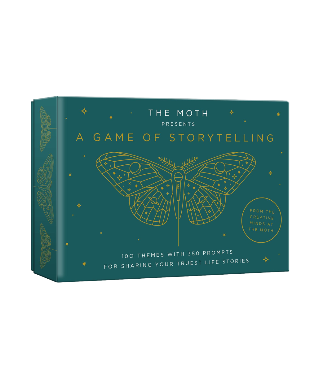 The Moth presents A Game of Storytelling card game box, featuring a dark teal cover with gold line art of a moth and gold text, shown on a plain white background.