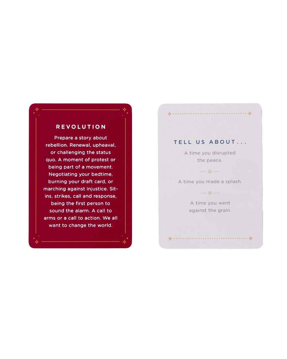 Two square printed cards shown side by side on a plain white background. The left card is dark red with white text reading 'REVOLUTION' and appears to be the front of a card set or booklet.