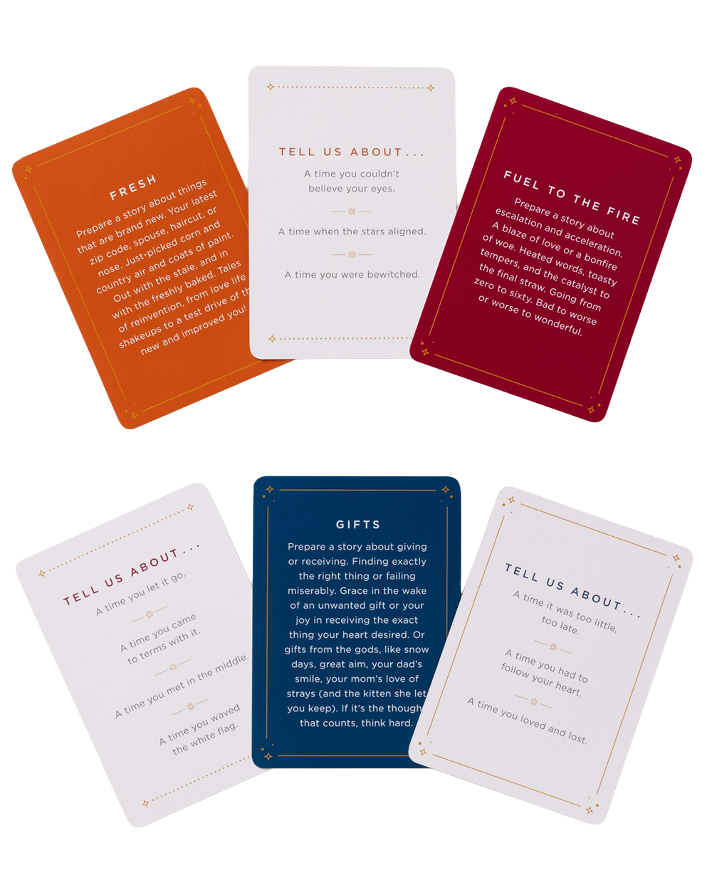Six rectangular cards arranged in a loose circle on a white background. The cards come in orange, white, red, navy blue, and light gray, each with inspirational text printed on it.