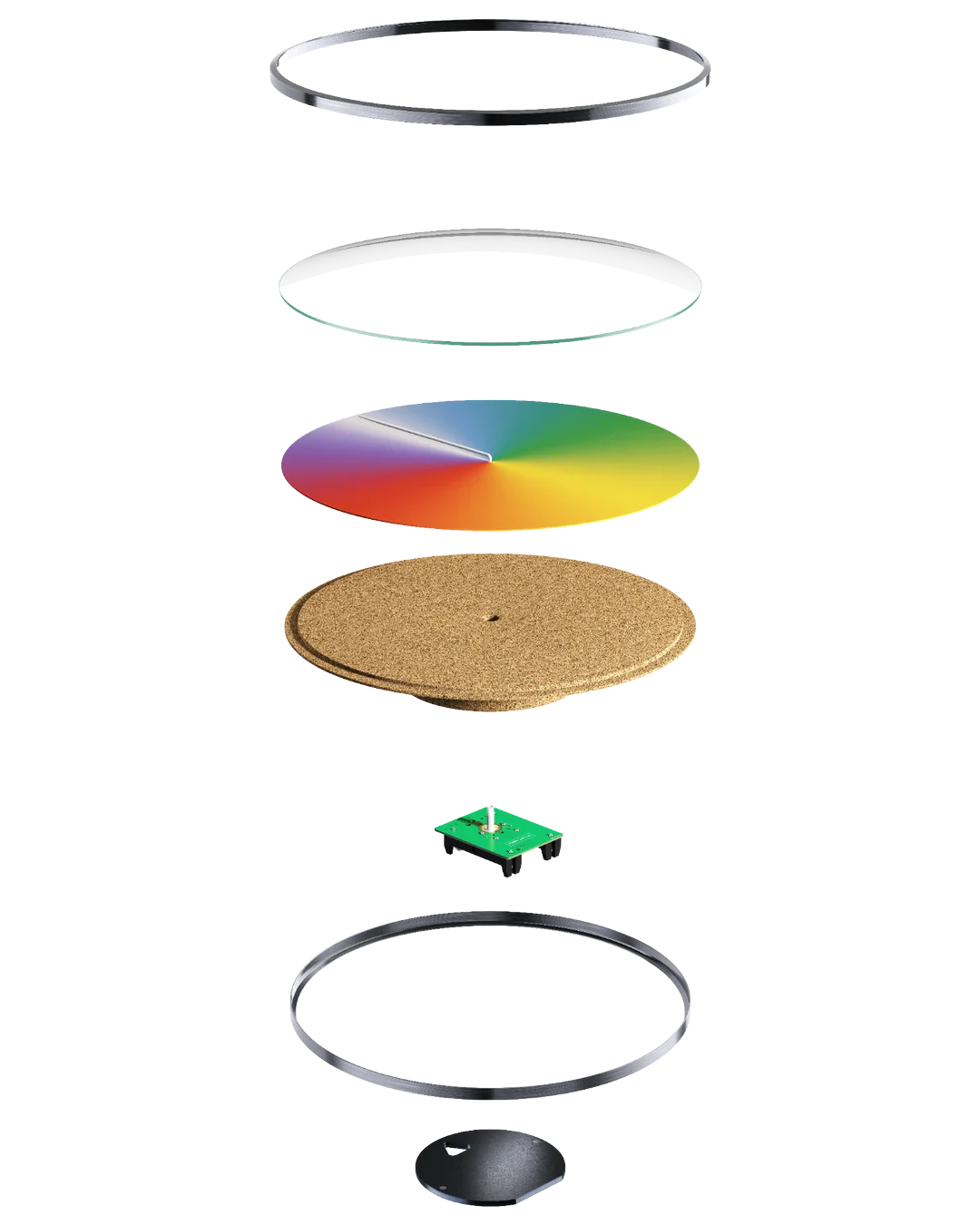 Collection of various round objects including glass, cork, metal, and color wheel on a white background