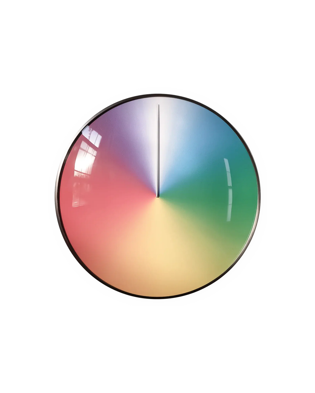 Round mirror with a gradient of red, orange, yellow, green, and blue colors on a white background.