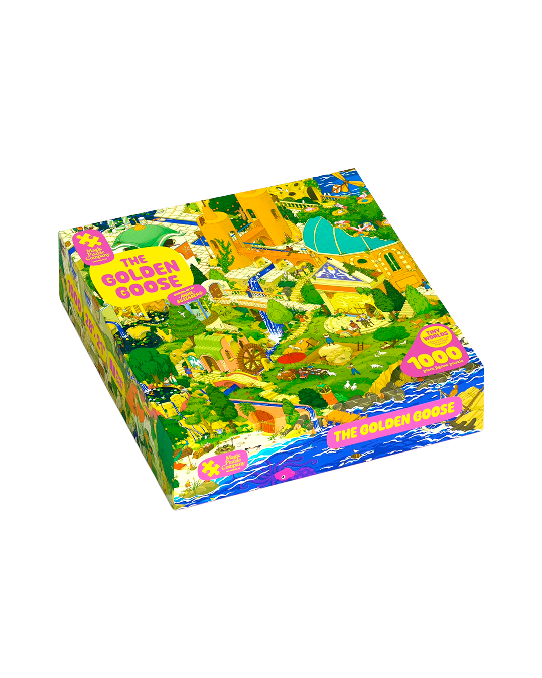 a box of a colorful jigsaw puzzle about a golden goose. The puzzle itself is an image of a beautiful illustration with architechture, nature and a beach