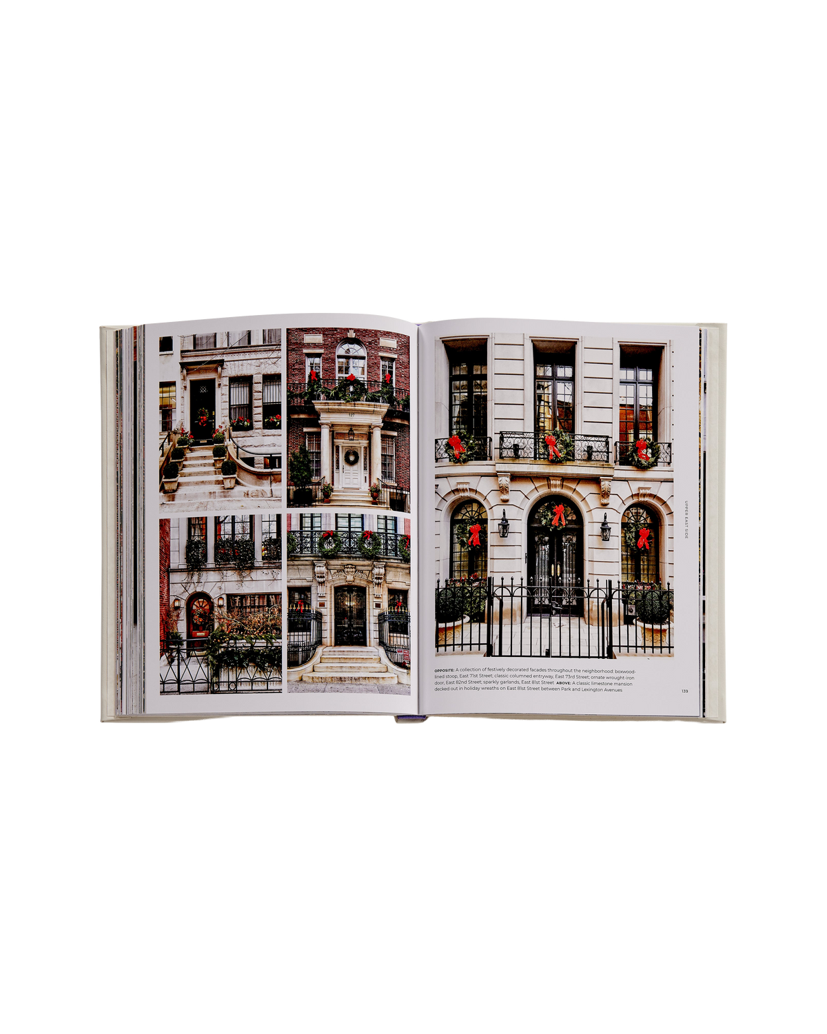 An open hardcover book displaying two interior pages filled with architectural photographs of historic European facades, set against a solid white background.